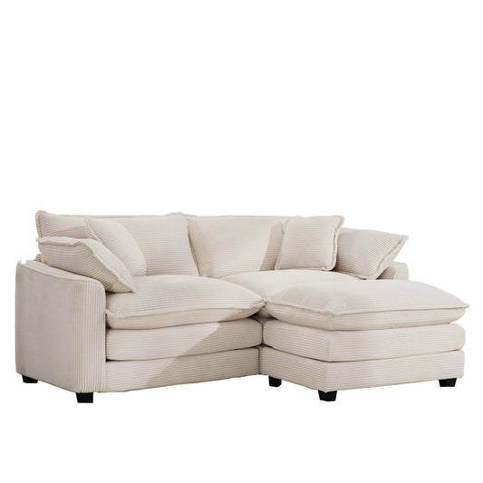 Light Beige Corduroy L-Shaped Two-Seater Sofa with Ottoman for Small Living Spaces