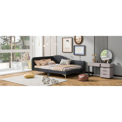Full Size Upholstered Daybed with Headboard and Armrest, Support Legs, Grey