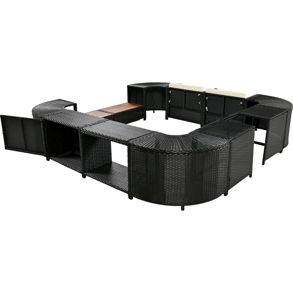 Spa Surround Spa Frame Quadrilateral Outdoor Rattan Sectional Sofa Set with Mini Sofa,Wooden Seats and Storage Spaces, Beige