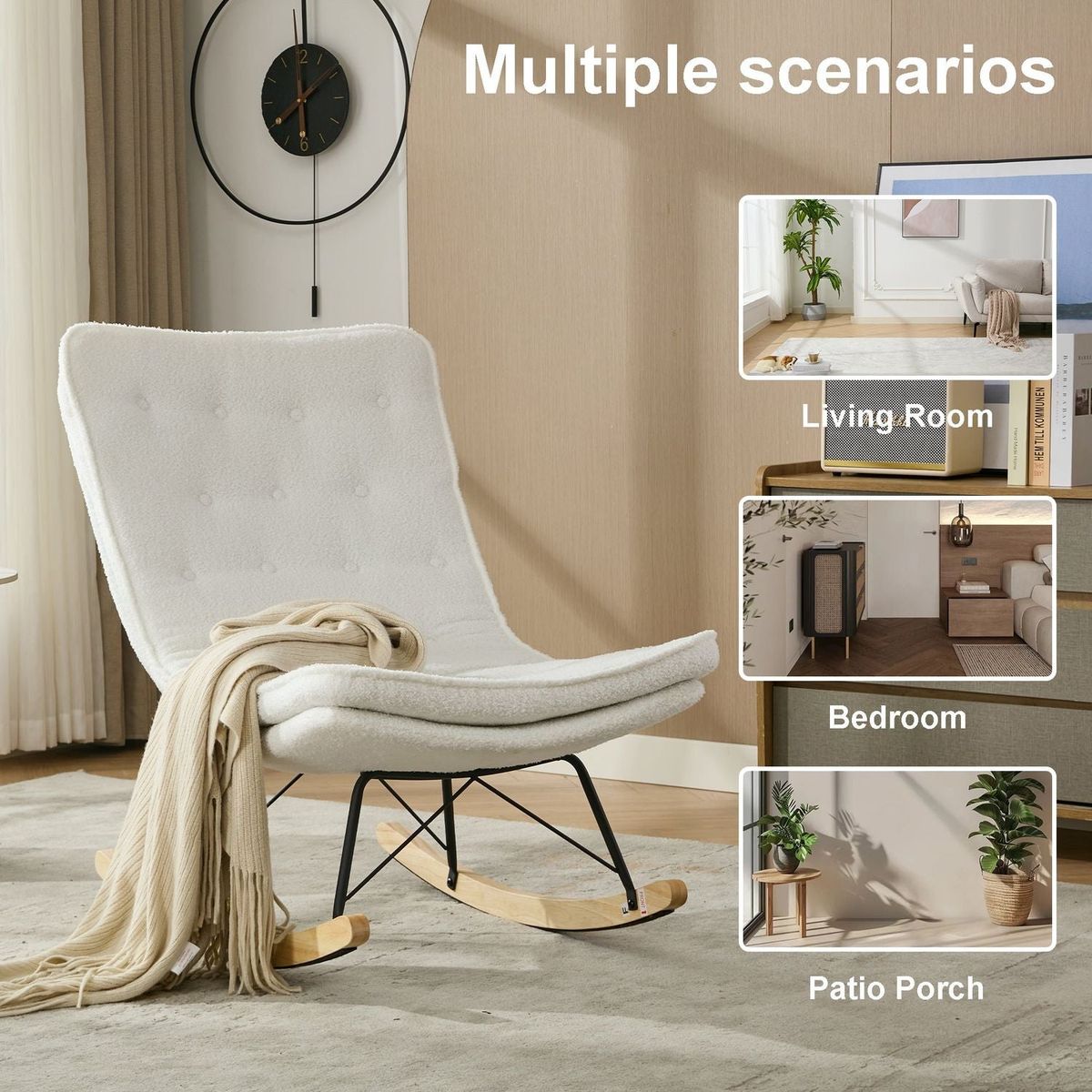 Lazy Rocking Chair,Comfortable Lounge Chair with Wide Backrest and Seat Wood Base, Upholstered Armless Rocker Chair for Living room, Balcony,Bedroom and Patio Porch. (WHITE)