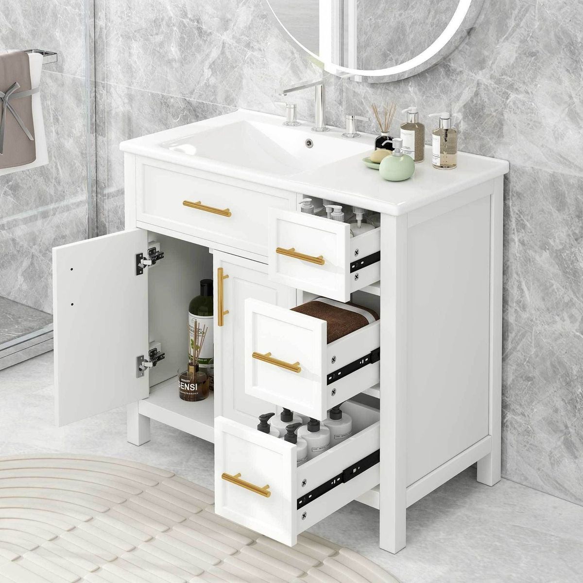 36" Bathroom Vanity with Sink Top, Bathroom Vanity Cabinet with Two Doors and Three Drawers, Solid Wood, MDF Boards, One Package, Off White