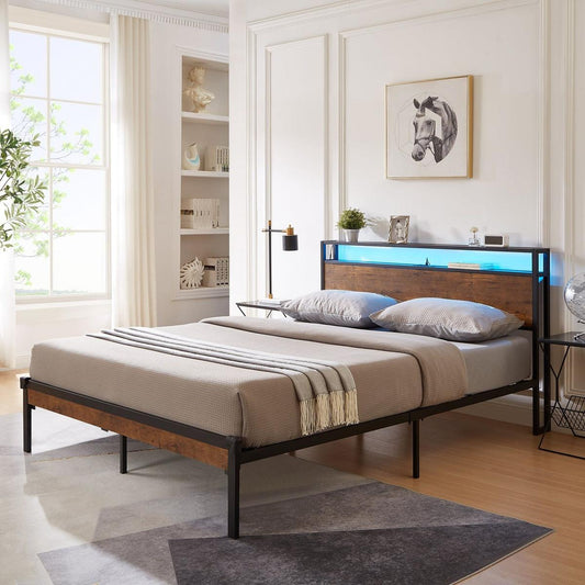 Queen Size Metal Platform Bed Frame with Wooden Headboard and Footboard with USB LINER,LED Lights, No Box Spring Needed, Large Under Bed Storage, Easy Assemble
