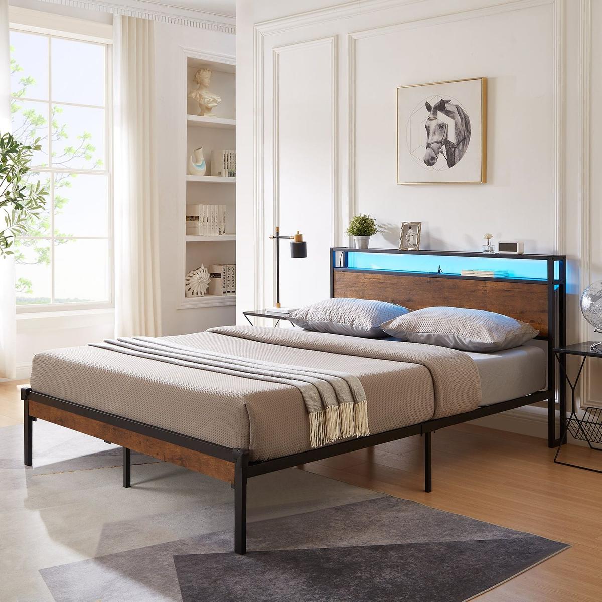 Full Size Metal Platform Bed Frame with Wooden Headboard and Footboard with USB LINER, LED Lights, No Box Spring Needed, Large Under Bed Storage, Easy Assemble