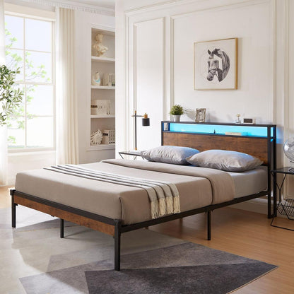 Full Size Metal Platform Bed Frame with Wooden Headboard and Footboard with USB LINER, LED Lights, No Box Spring Needed, Large Under Bed Storage, Easy Assemble