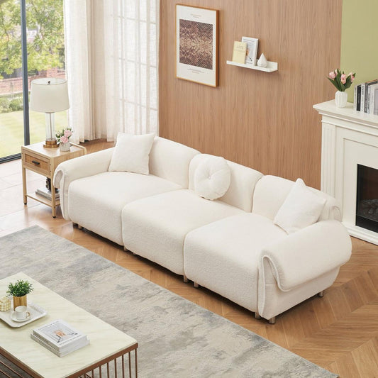 beige teddy-wool fabric with 3 pillows, three-seat sofa can be placed in living room and other scenes