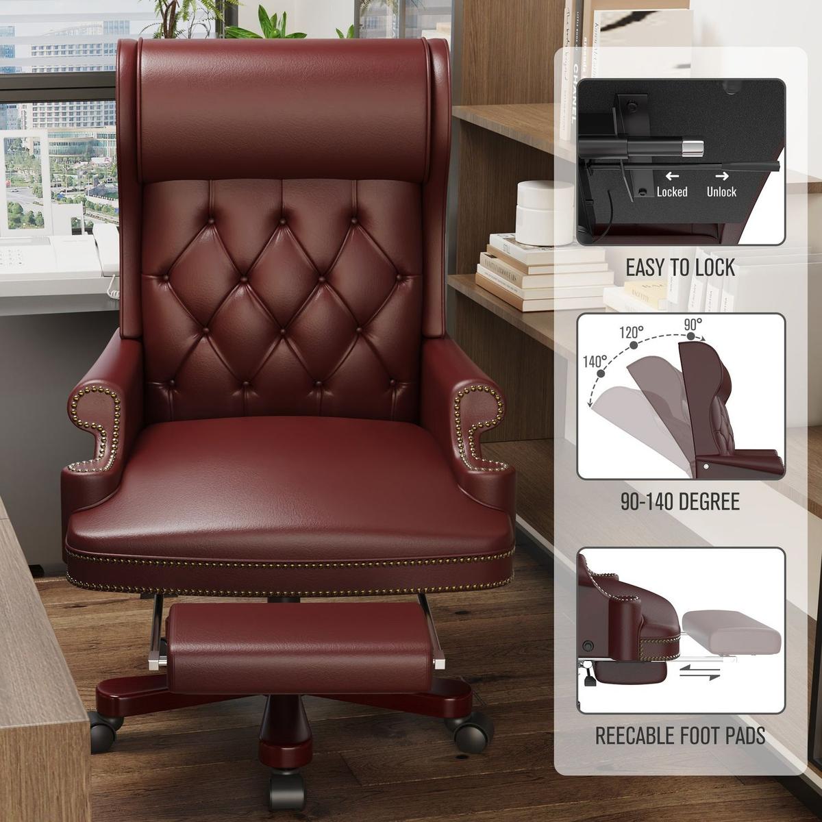 330LBS Executive Office Chair with Footstool, Ergonomic Design High Back Reclining Comfortable Desk Chair - Burgundy