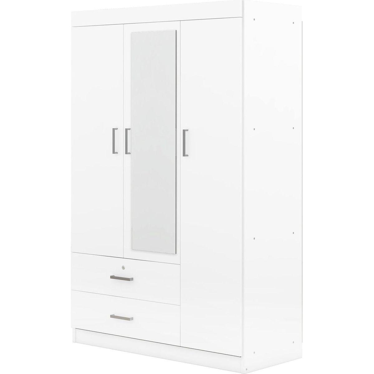 3-Door Mirror Wardrobe with shelves, White - Streamdale Furniture