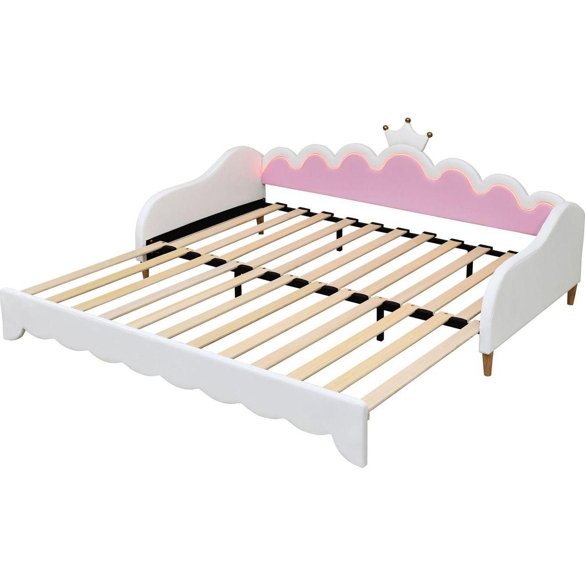 Twin Extending Daybed with LED Lights, Modern Upholstered Princess Daybed With Crown Headboard,White - Streamdale Furniture