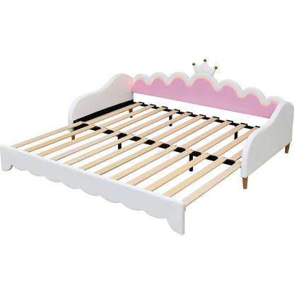 Twin Extending Daybed with LED Lights, Modern Upholstered Princess Daybed With Crown Headboard,White - Streamdale Furniture