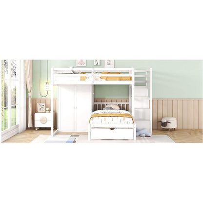 Full Over Twin Bunk Bed with Wardrobe, Drawers, White