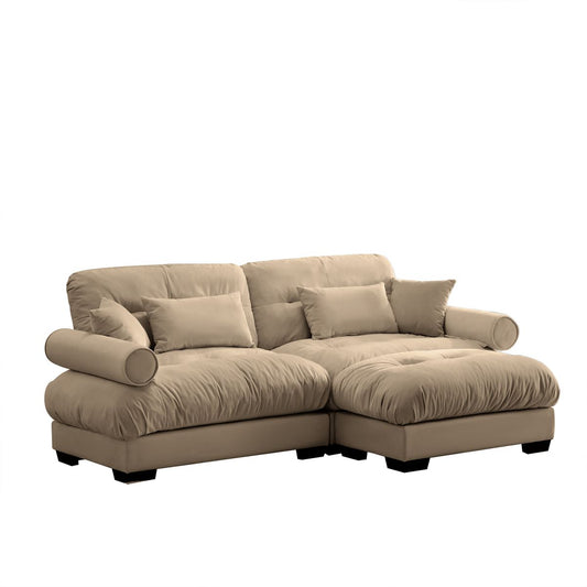 Modern Camel Velvet Two-Seater Sofa with Ottoman, Round Bolster Armrests, Waist & Throw Pillows