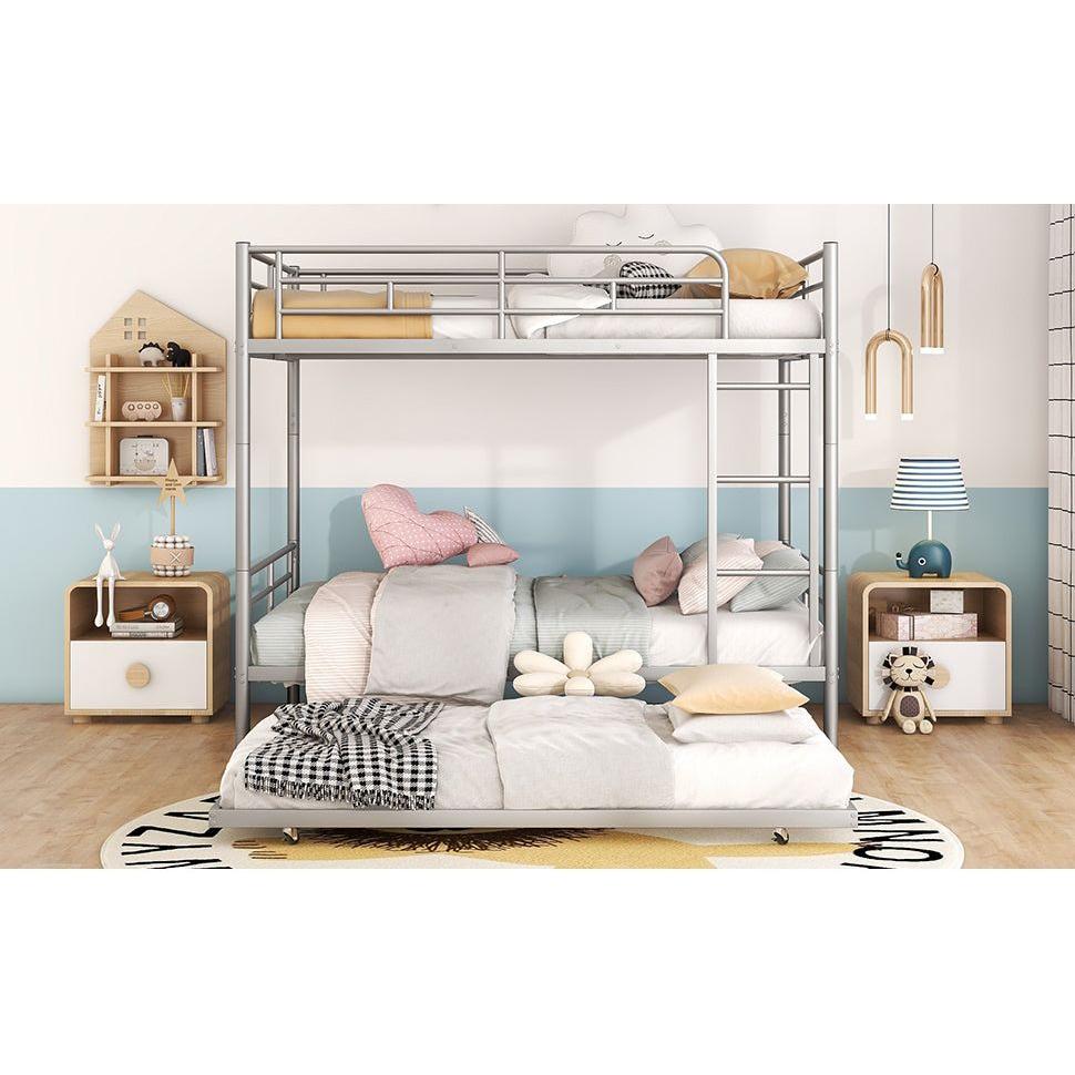 Full Over Full Metal Bunk Bed with Trundle, Silver