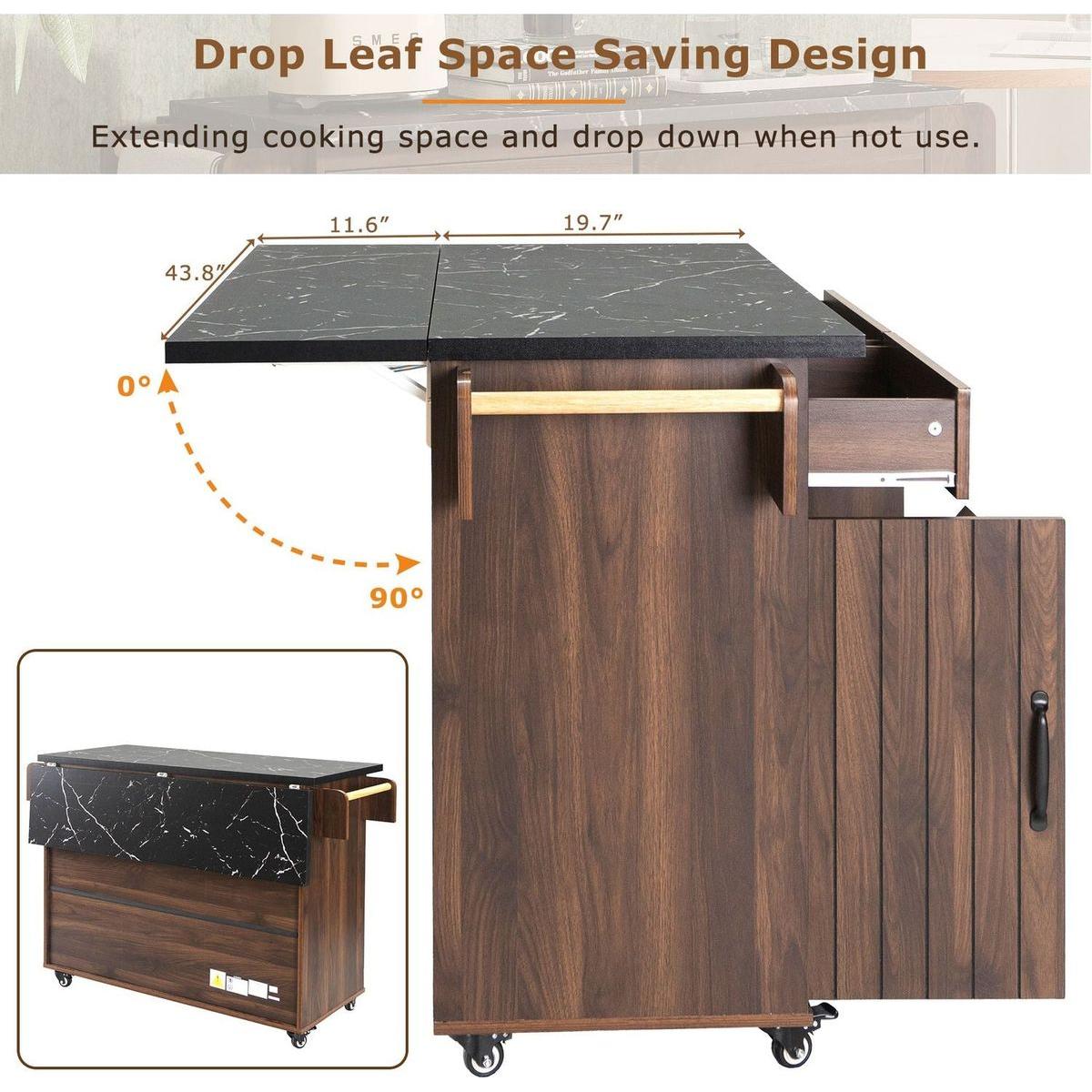 Kitchen Island with Trash Can Storage Cabinet, Kitchen Cart with Drop Leaf, Spice Rack, Towel Rack and Drawer, Rolling Kitchen Island on Wheels with Adjustable Shelf, Walnut Brown