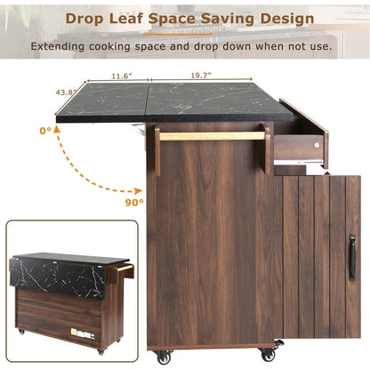 Kitchen Island with Trash Can Storage Cabinet, Kitchen Cart with Drop Leaf, Spice Rack, Towel Rack and Drawer, Rolling Kitchen Island on Wheels with Adjustable Shelf, Walnut Brown