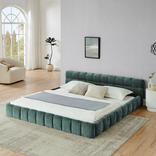 King size  Upholstered Bed Frame with Thick Fabric, Chenille Fabric Grounded Queen Size Platform Bed with Headboard and Solid Frame. No Box Spring Needed-green(88.5''*85.5''*24'')