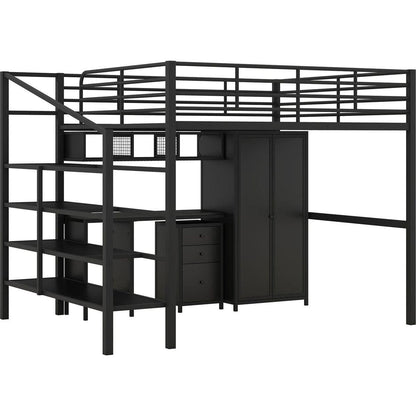 Metal Loft Bed With table set and wardrobe, Full, Black
