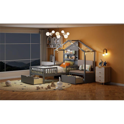 Twin Size House Bed with Upholstered Sofa, House Bed with Charging Station, Wireless Charging, Shelves and Two Drawers, Gray