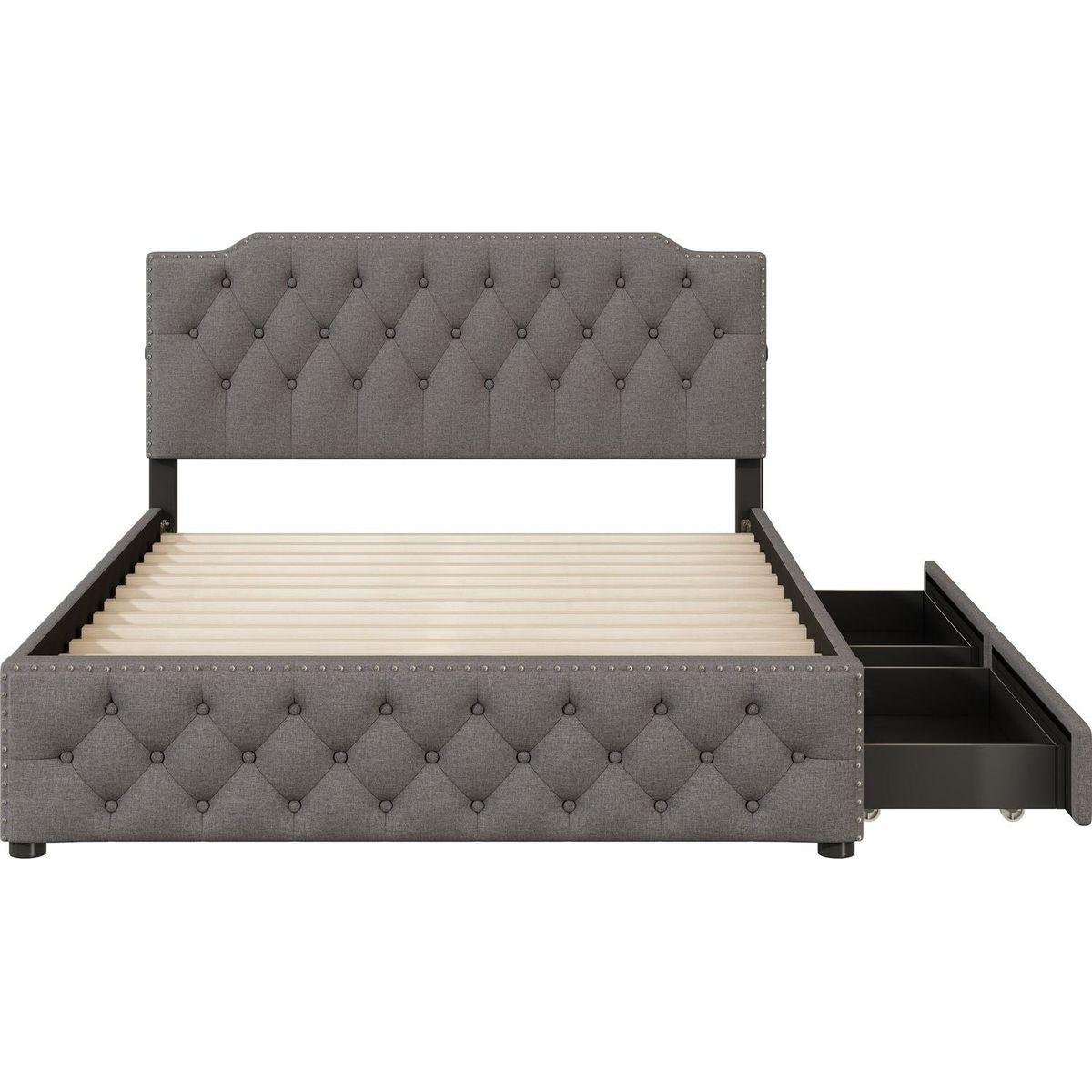 Queen Size Upholstered Platform Bed with 2 Drawers and 2 sets of USB Ports on each side, Linen Fabric, Gray