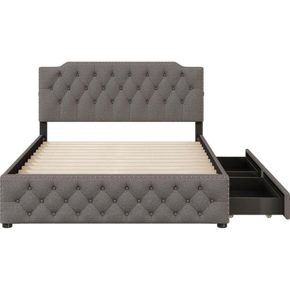 Queen Size Upholstered Platform Bed with 2 Drawers and 2 sets of USB Ports on each side, Linen Fabric, Gray