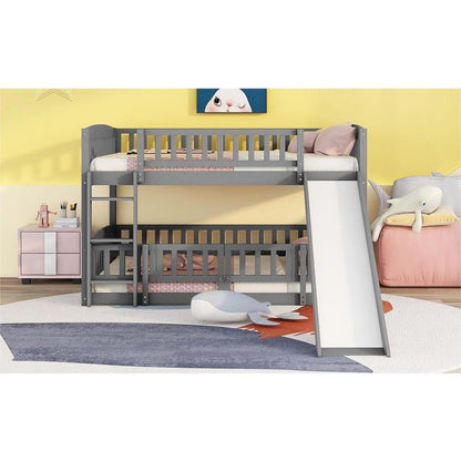 Bunk Bed with Slide,Full Over Full Low Bunk Bed with Fence and Ladder for Toddler Kids Teens Gray