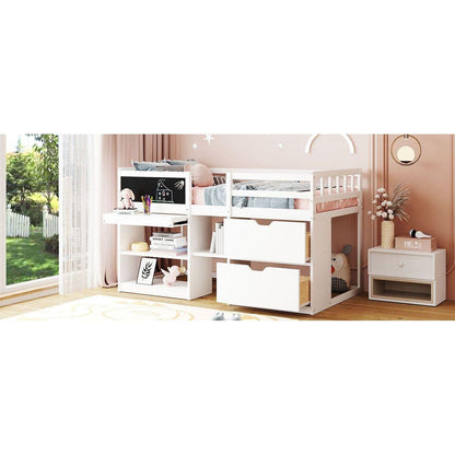 Twin Size Low Loft Bed with Rolling Desk, Shelf and Drawers - White