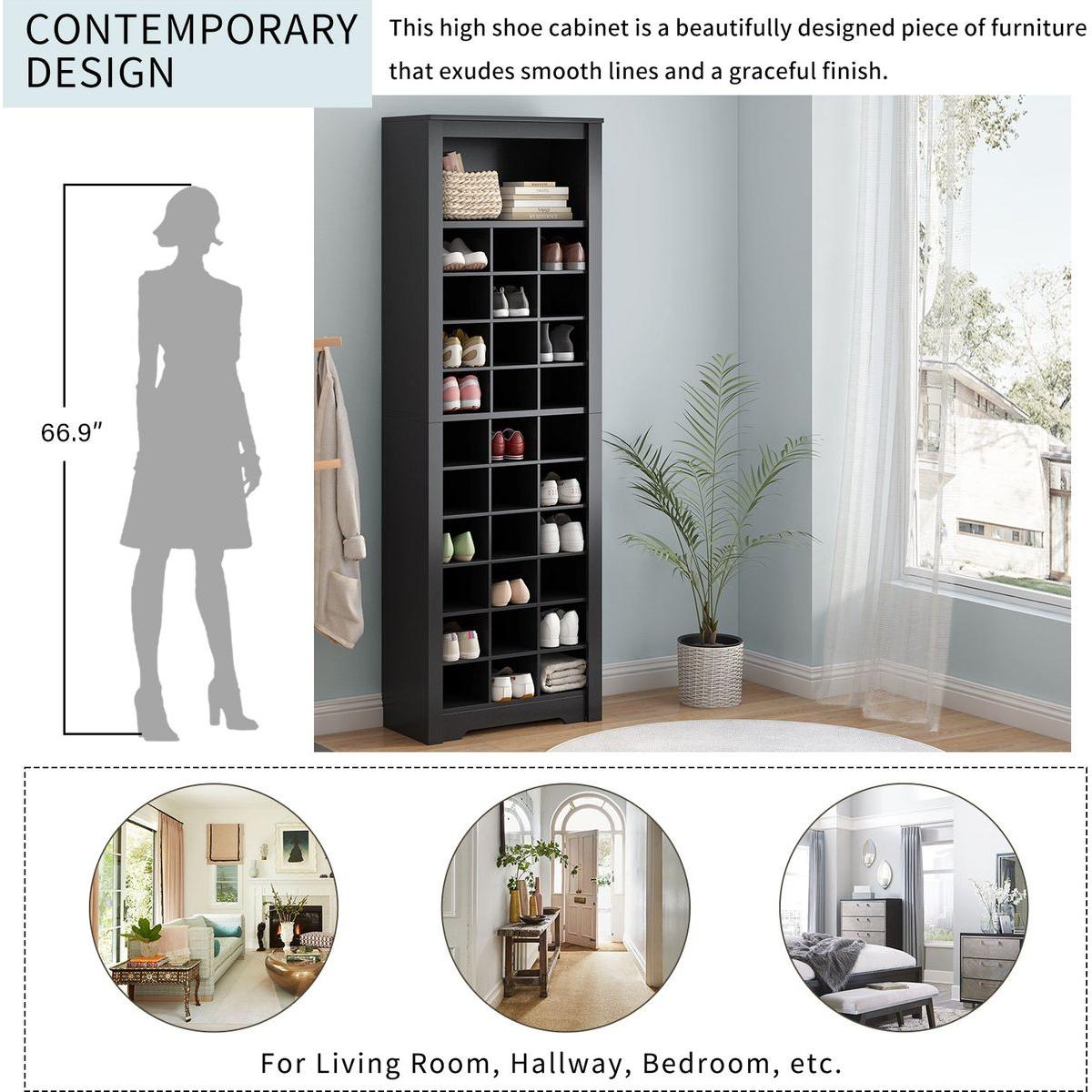 Stylish Design 30 Shoe Cubby Console, Contemporary Shoe Cabinet with Multiple Storage Capacity, Free Standing Tall Cabinet with Versatile Use for Hallway, Bedroom, Black