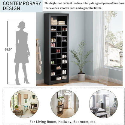 Stylish Design 30 Shoe Cubby Console, Contemporary Shoe Cabinet with Multiple Storage Capacity, Free Standing Tall Cabinet with Versatile Use for Hallway, Bedroom, Black