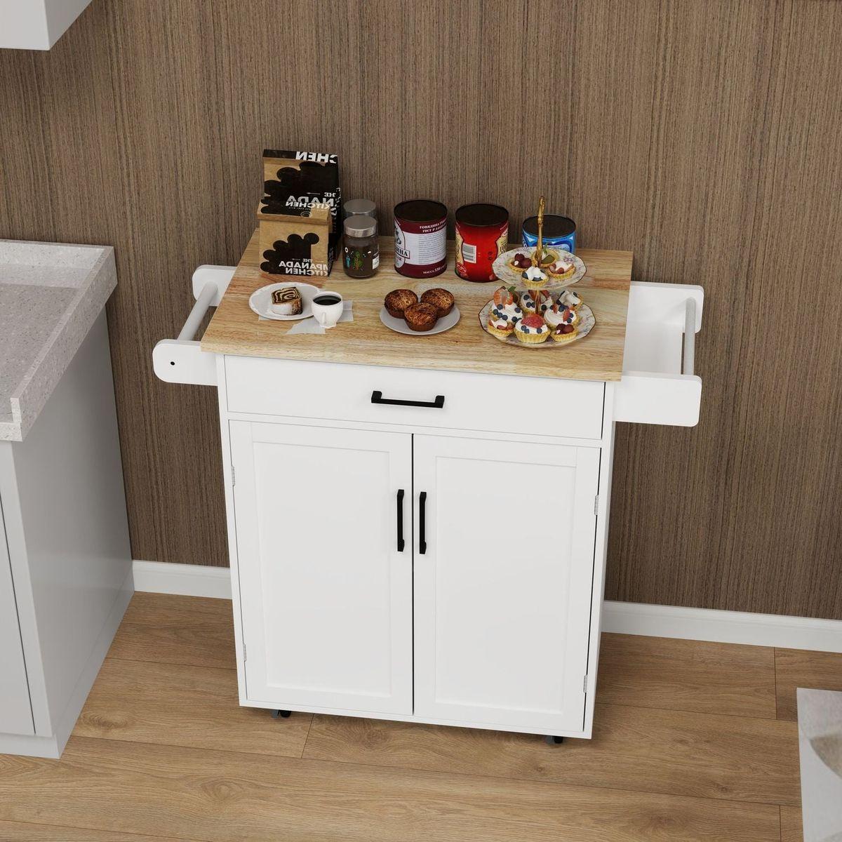 Kitchen island rolling trolley cart with 1 drawer & 2 doors with storage racks & Adjustable Shelves & towel rack & seasoning rack rubber wood table top-White - Streamdale Furniture