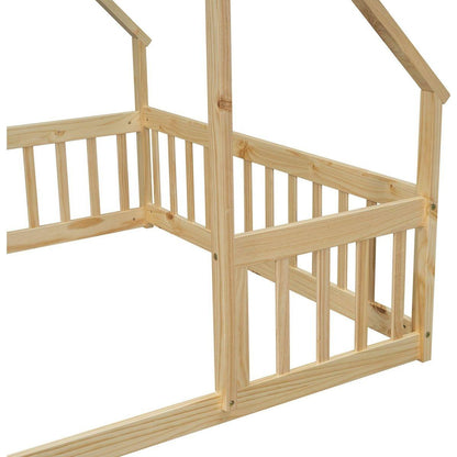 Full Wood House-Shaped Floor Bed with Fence, Guardrails,Natural