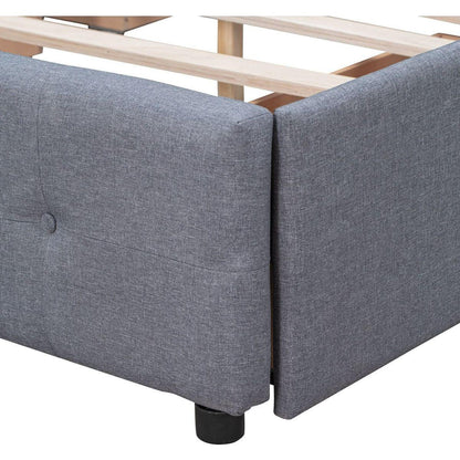 Upholstered Platform Bed with Classic Headboard and 4 Drawers, No Box Spring Needed, Linen Fabric, Queen Size Dark gray
