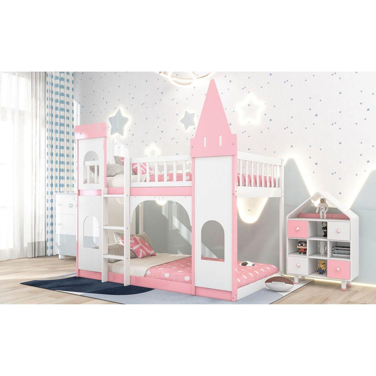 Twin Over Twin Castle Bunk Bed with Ladder - Pink