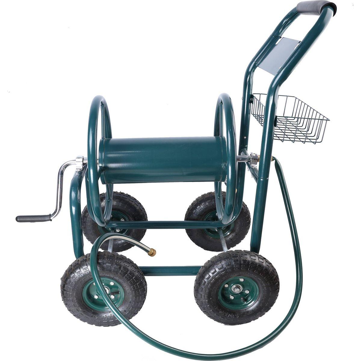 Garden Hose Reel Cart - 4 Wheels Portable Garden Hose Reel Cart with Storage Basket Rust Resistant Heavy Duty Water Hose Holder