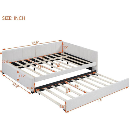 Full Size Upholstered Daybed with Trundle Sofa Bed Frame No Box Spring Needed, Linen Fabric(Beige)