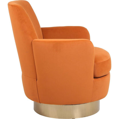 Velvet Swivel Barrel Chair, Swivel Accent Chairs Armchair for Living Room, Reading Chairs for Bedroom Comfy, Round Barrel Chairs with Gold Stainless Steel Base (Orange)