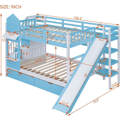 Full-Over-Full Castle Style Bunk Bed with 2 Drawers 3 Shelves and Slide - Blue
