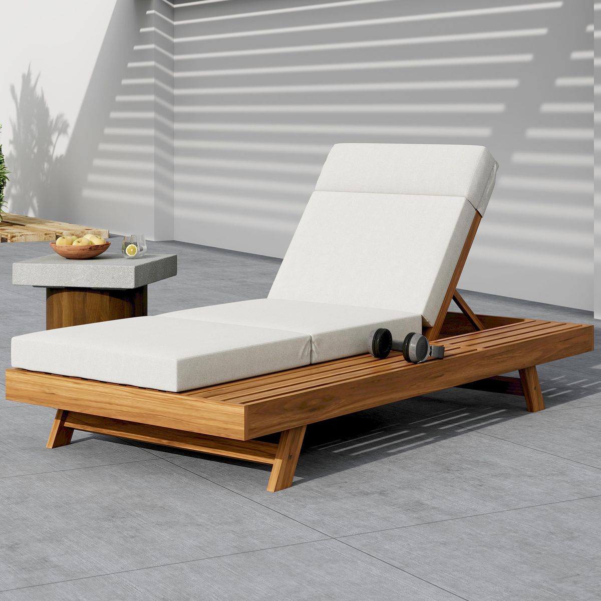 LOUNGE CHAISE SET WITH HEADREST,SPACE AVAILABLE ON ONE SIDE, ACACIA WOOD WITH WATER-RESISTANT LOUNGE CUSHIONS (CREAM & 3-FOLD & 4 inch) - MATCHING DARK GREY/BEIGE VERSION AVAILABLE