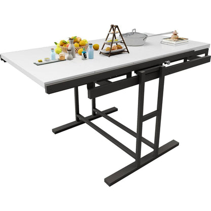 Solid Mahogany Wood Multifunction Convertible Dining Table,Free Switch Space Saving Table Shelf for Home and Studio, White Finish