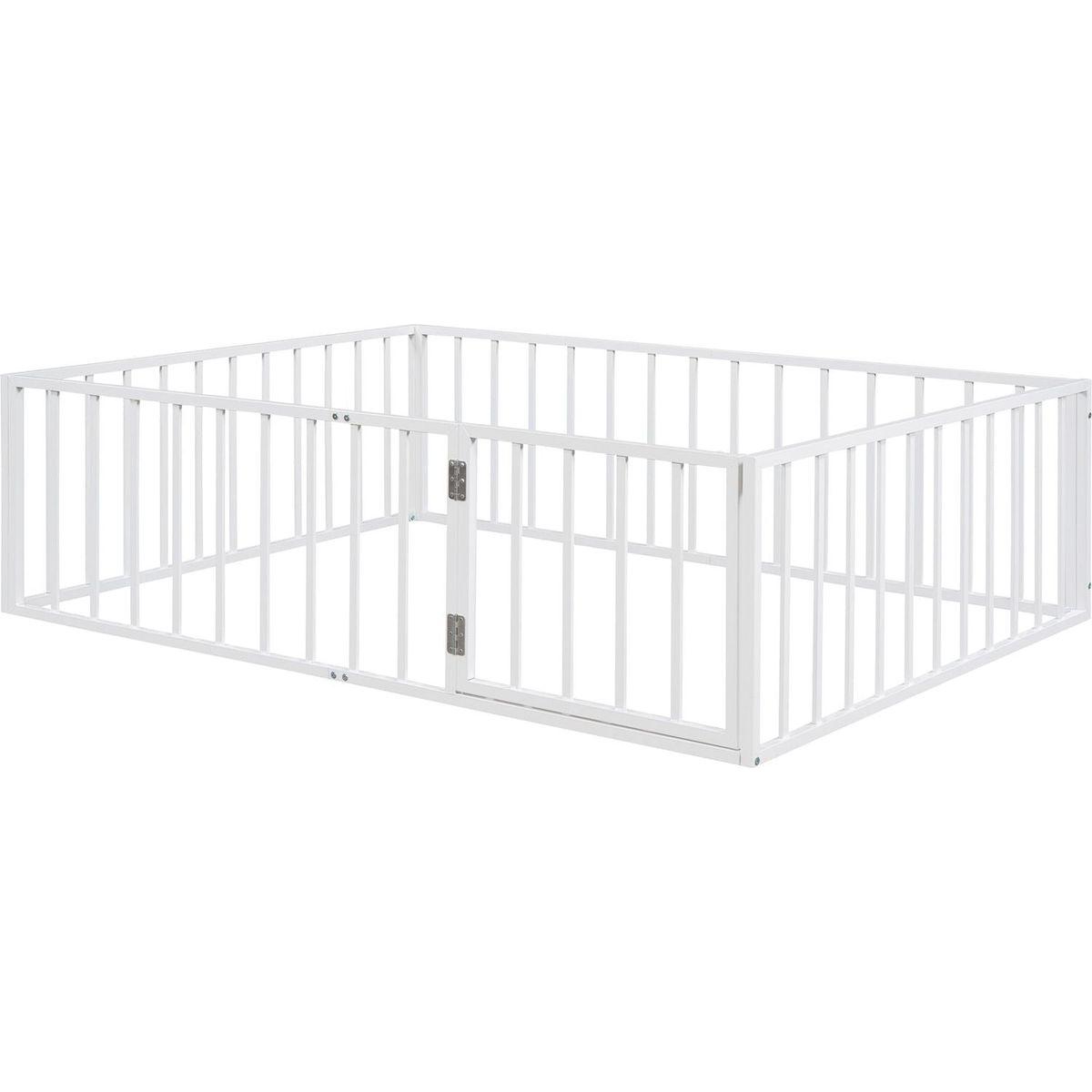 Full Size Metal Floor Bed Frame with Fence and Door, White