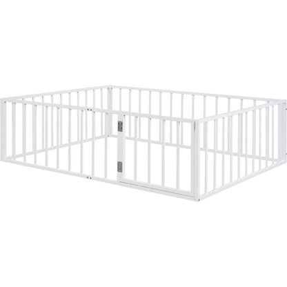 Full Size Metal Floor Bed Frame with Fence and Door, White