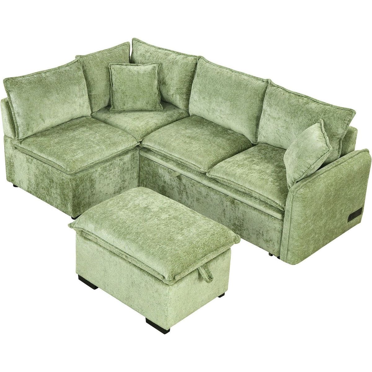 82.67"Convertible Sofa Bed Sectional Sofa Sleeper L-shaped Sofa with a Storage Ottoman,Two Pillows, Two Power Sockets and Two USB Ports for Living Room, Green