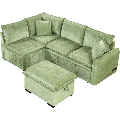 82.67"Convertible Sofa Bed Sectional Sofa Sleeper L-shaped Sofa with a Storage Ottoman,Two Pillows, Two Power Sockets and Two USB Ports for Living Room, Green