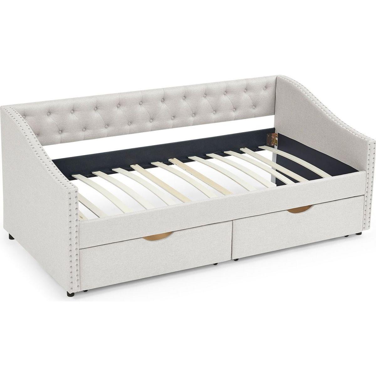 Twin Size Daybed with Drawers Upholstered Tufted Sofa Bed, with Button on Back and Copper Nail on Waved Shape Arms, Beige(81.5"x41"x30.5")