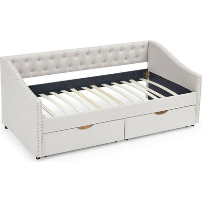Twin Size Daybed with Drawers Upholstered Tufted Sofa Bed, with Button on Back and Copper Nail on Waved Shape Arms, Beige(81.5"x41"x30.5")