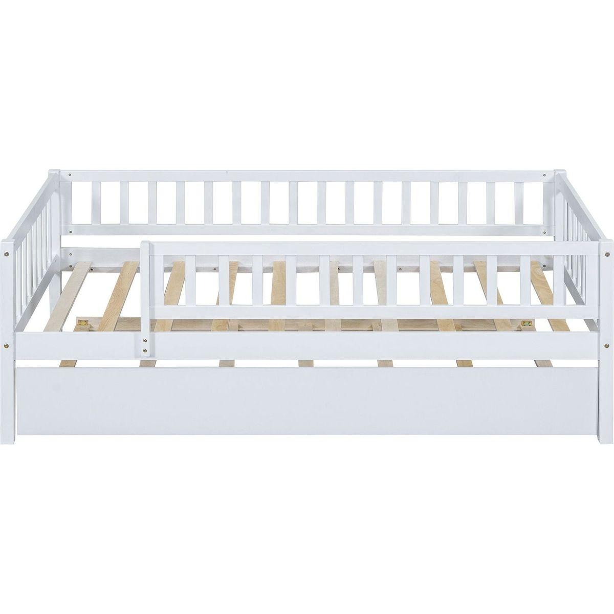 Twin Size Wood Daybed with Trundle and Fence Guardrails, White