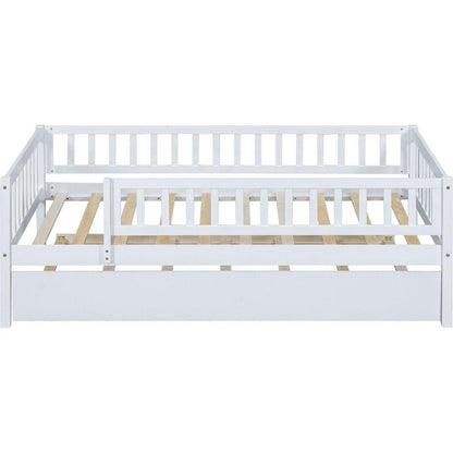 Twin Size Wood Daybed with Trundle and Fence Guardrails, White