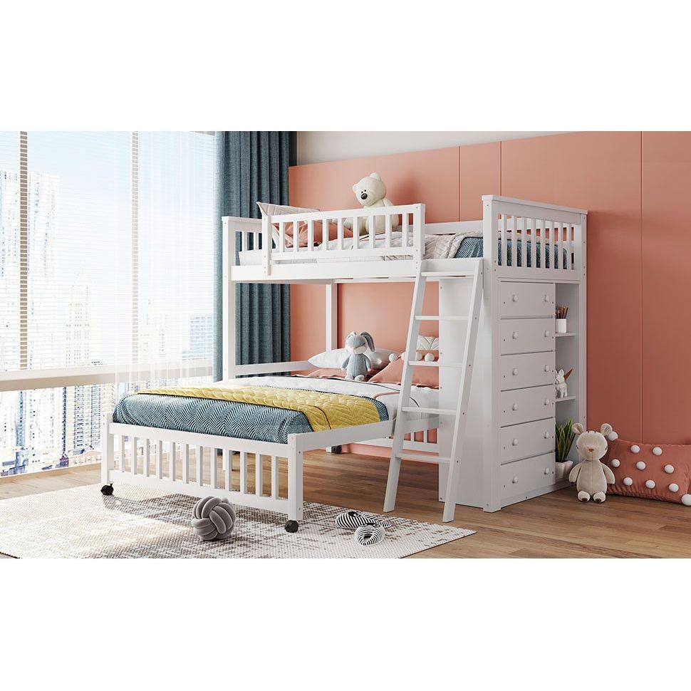 Wooden Twin Over Full Bunk Bed With Six Drawers And Flexible Shelves,Bottom Bed With Wheels,White