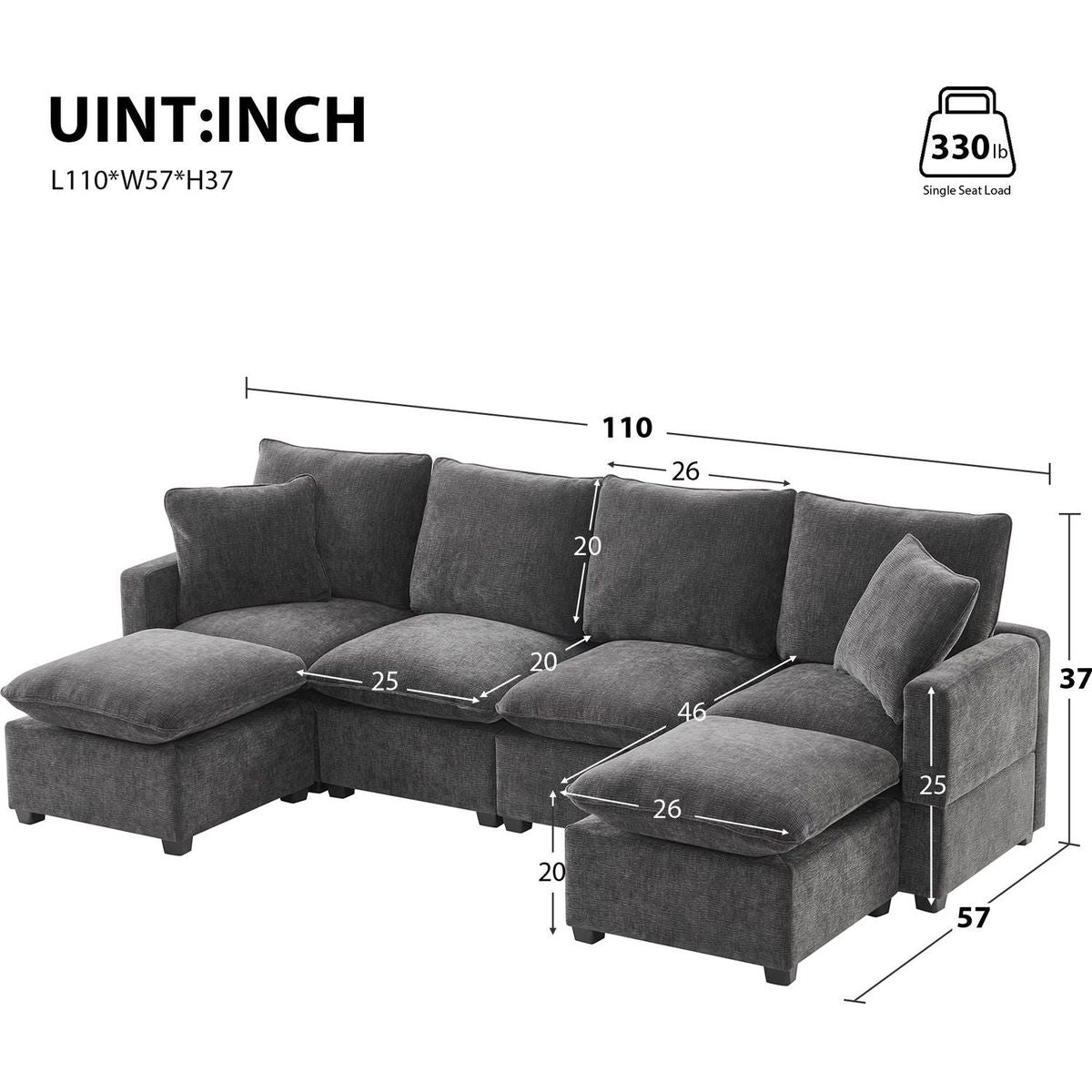 110x57" Modern U Shape Modular Sofa, 6 Seat Chenille Sectional Couch Set with 2 Pillows Included, Freely Combinable Indoor Funiture for Living Room, Apartment, Office, 2 Colors