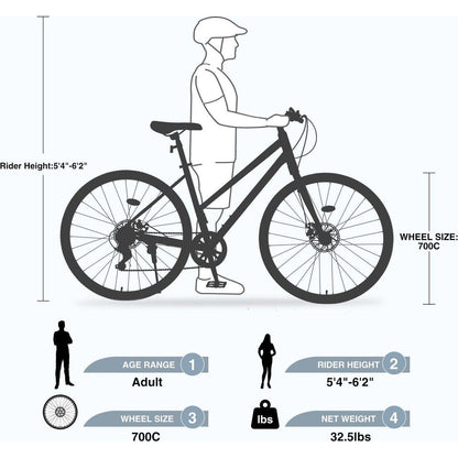 7 Speed Hybrid bike Disc Brake 700C Road Bike For men women's City Bicycle