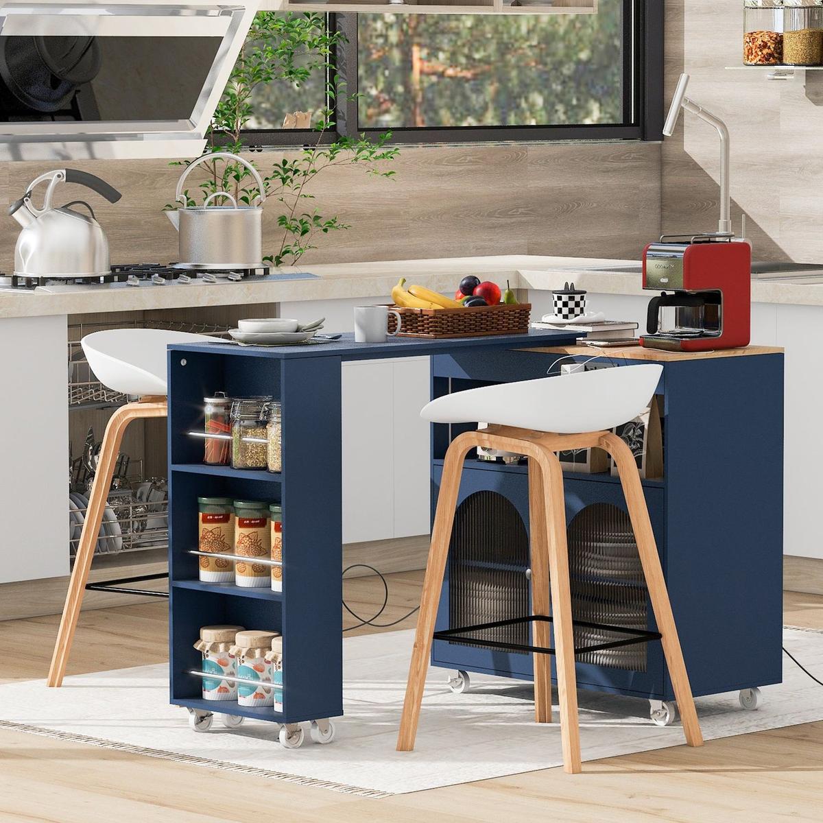 Rolling Kitchen Island With Movable Extended Table, Kitchen Cabinet on Wheels with Power Outlets and 2 Fluted Glass Doors, Kitchen Island with a Storage Compartment and Side 3 Open Shelves, Navy