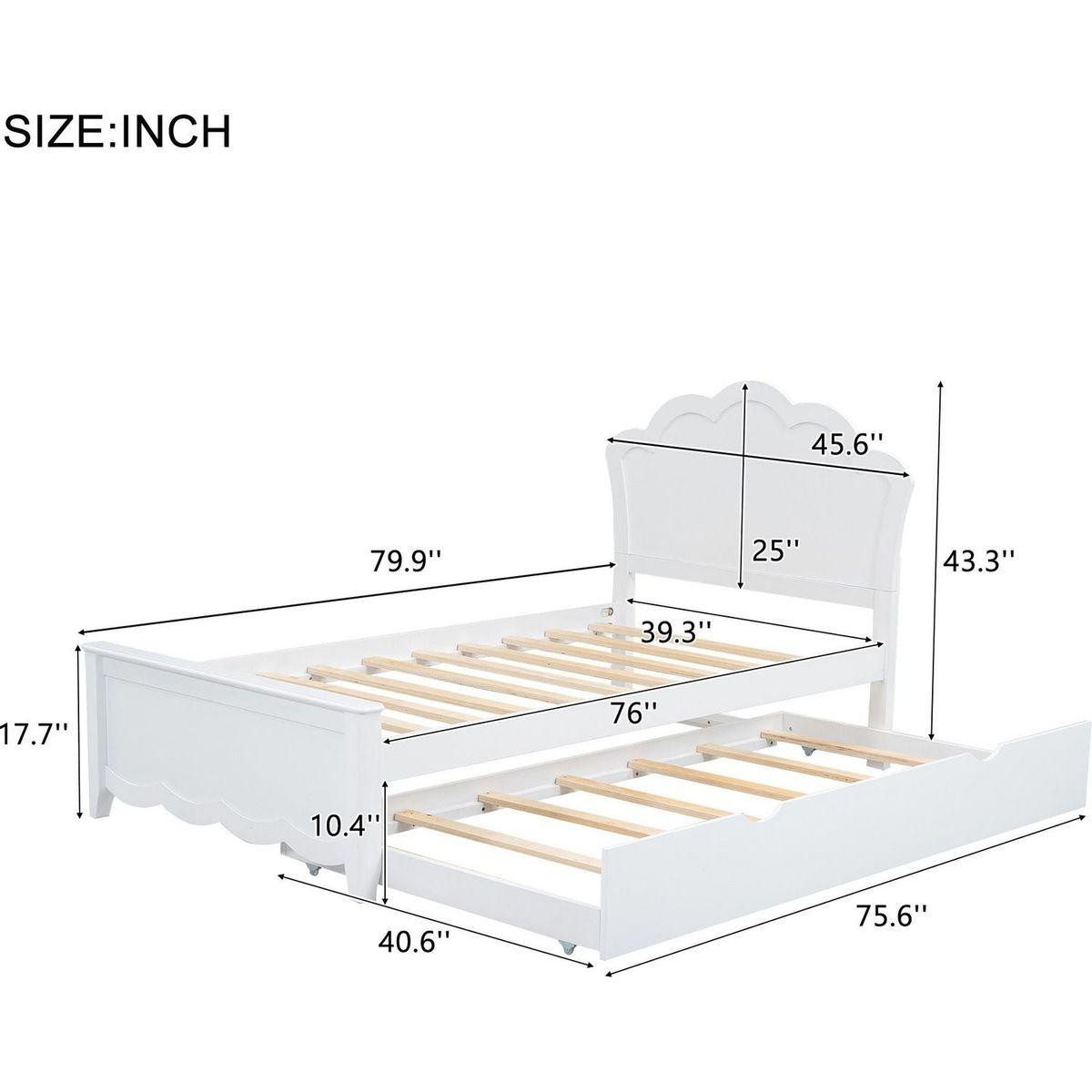 Twin Size Wood Platform Bed with Headboard and Twin Size Trundle, White